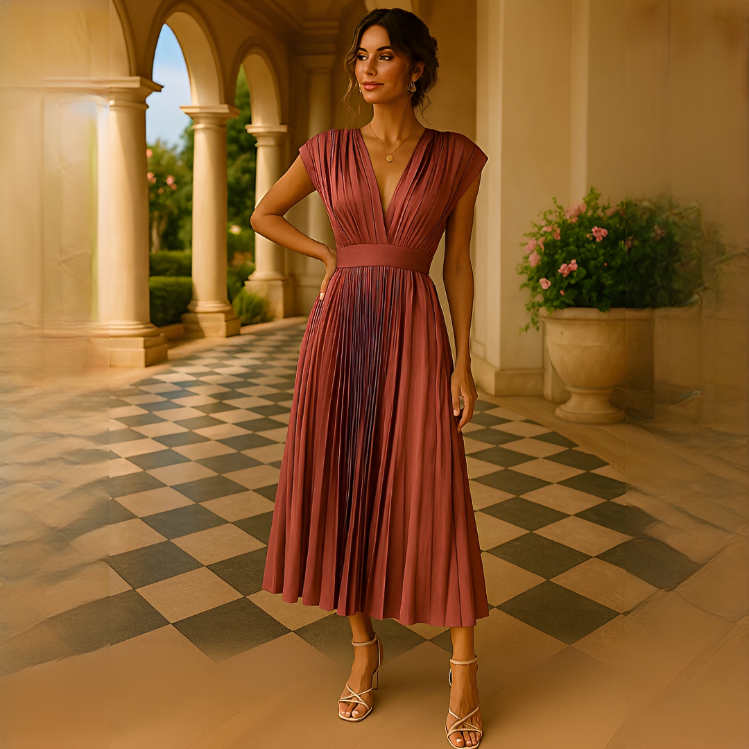 Elvira - Stilvolles Plissiertes Midikleid mit V-Ausschnitt