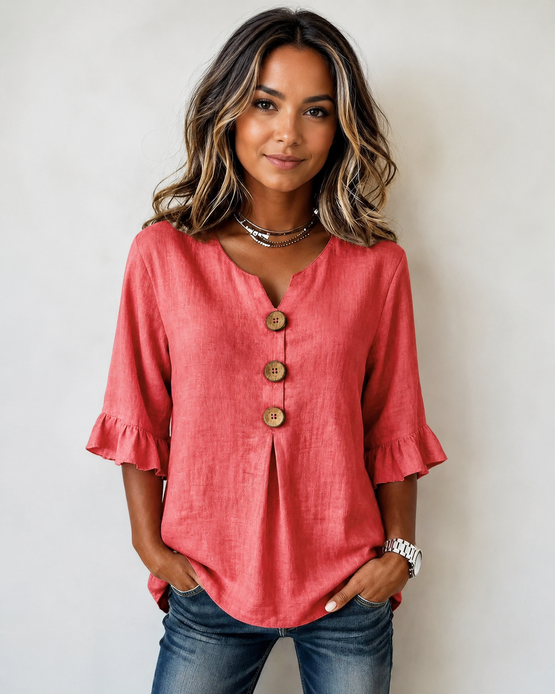 Glenda - Elegante Bluse mit V-Ausschnitt und Knopfleiste