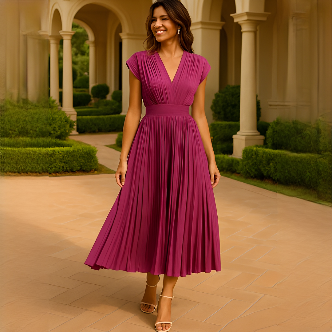 Elvira - Stilvolles Plissiertes Midikleid mit V-Ausschnitt