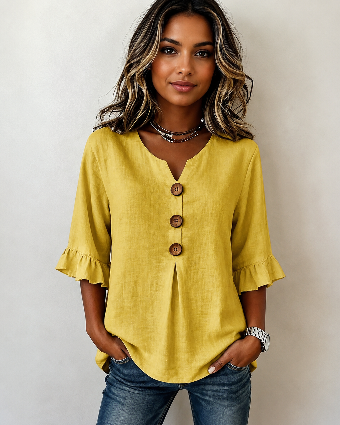 Glenda - Elegante Bluse mit V-Ausschnitt und Knopfleiste
