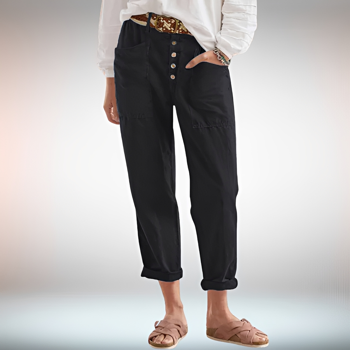 Rhonwen - Elegante, weit geschnittene Hose mit Knopfleiste