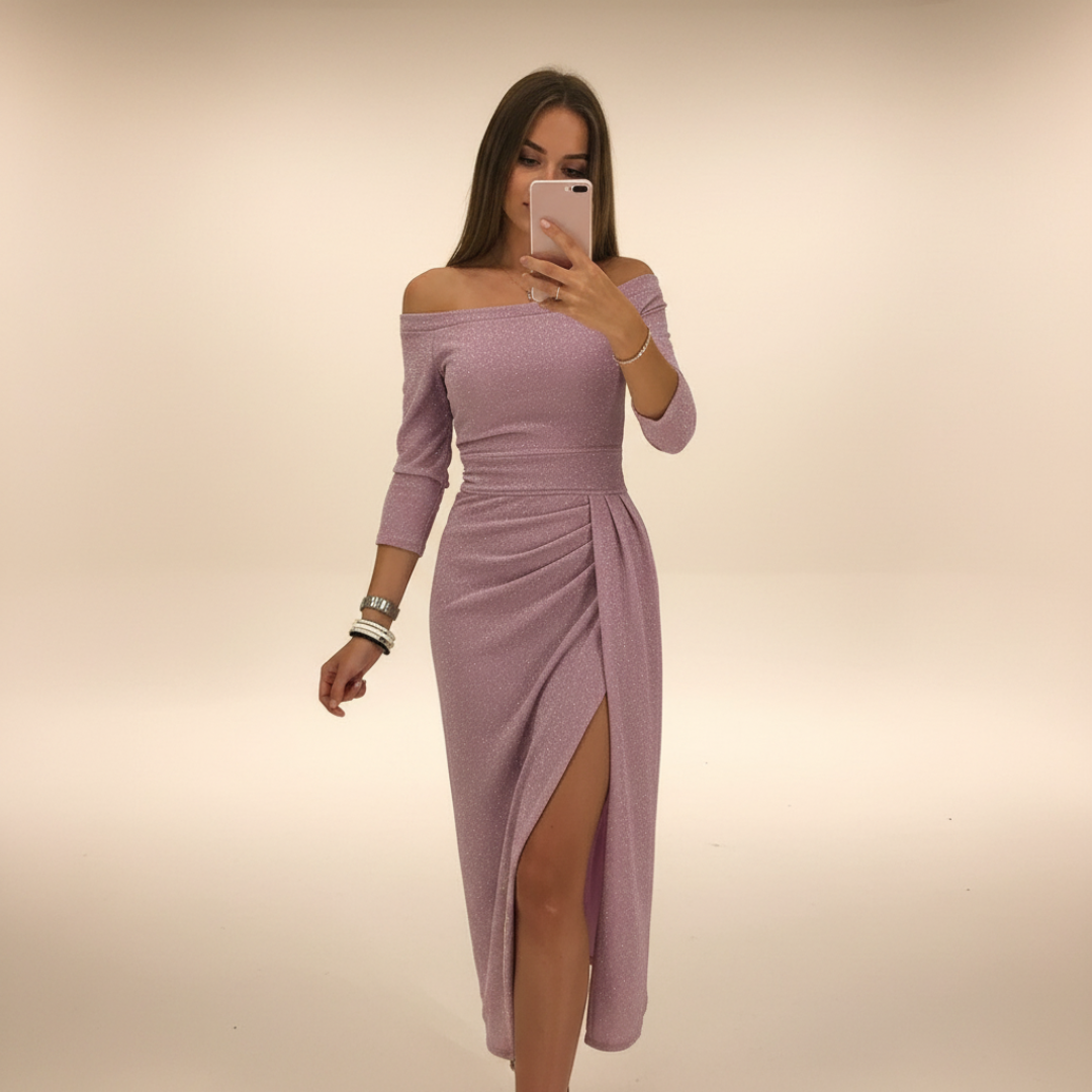 Christy - Elegantes schulterfreies Midikleid