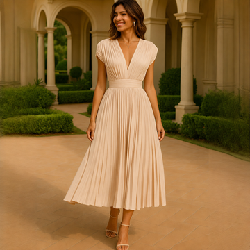 Elvira - Stilvolles Plissiertes Midikleid mit V-Ausschnitt