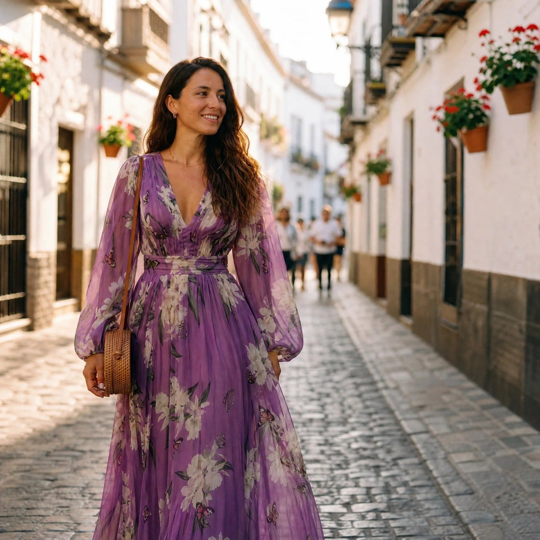 Leanne - Langes Kleid mit Blumenmuster und leichtem Schwung