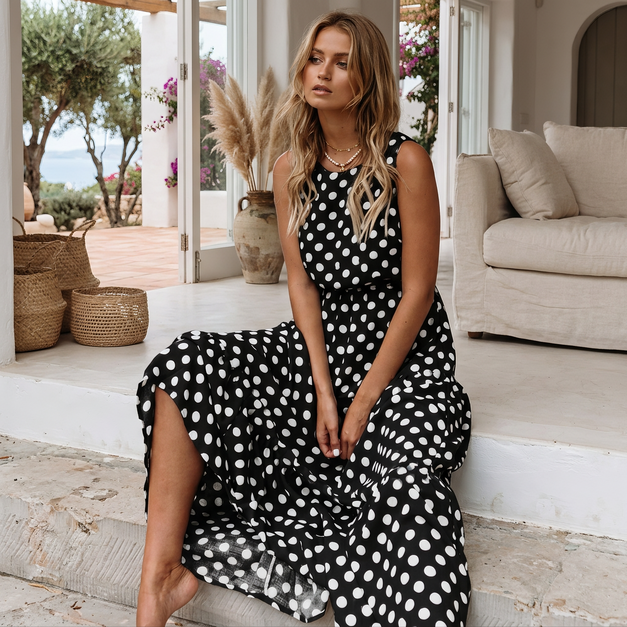 Edith - Weites ärmelloses Kleid mit Punktedesign