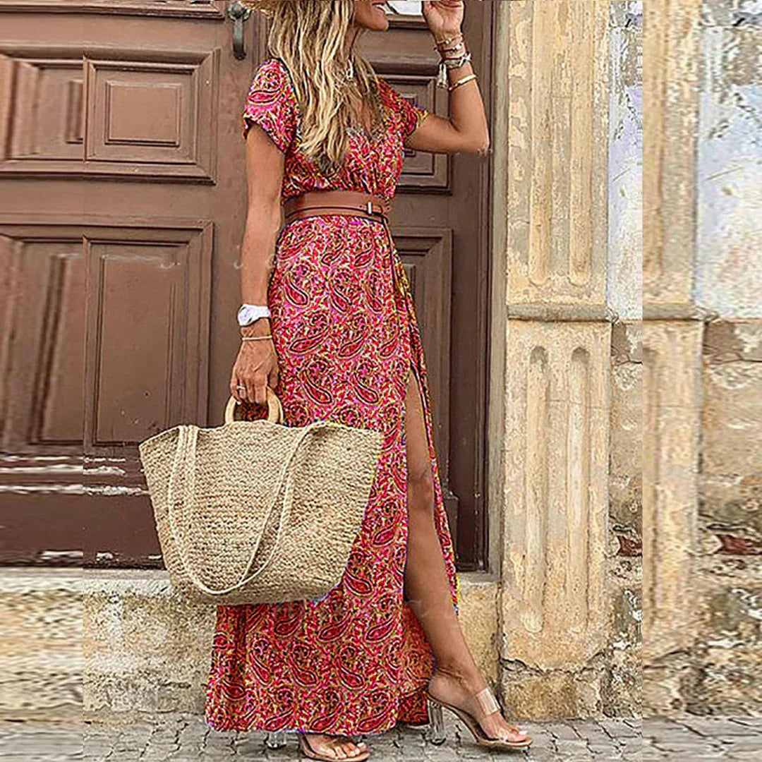 Justine – Blümchen Damen Maxikleid mit Schlitz